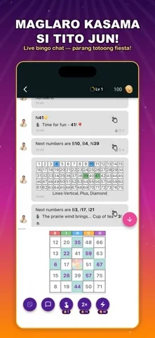 ChatBingo screen with a virtual host, chat messages and a numbered bingo card