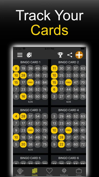 SnapBingo screen tracking several bingo cards
