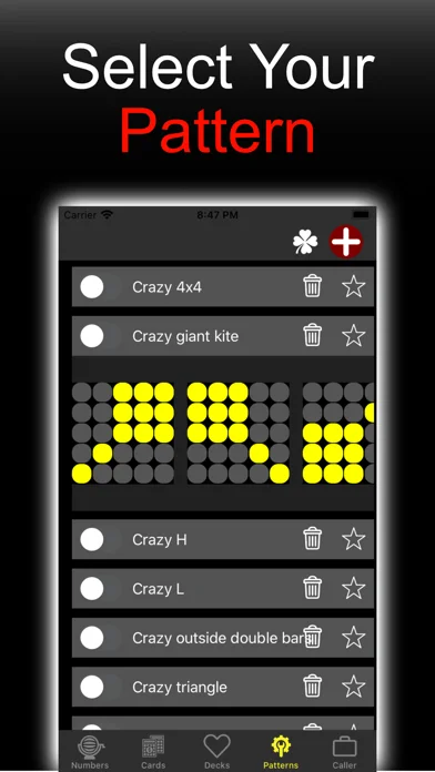 SnapBingo winning pattern selection screen