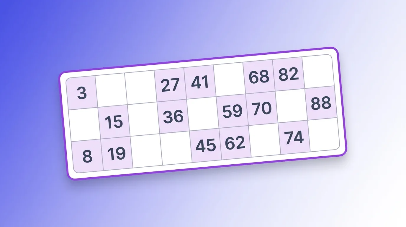 Printable 90-ball bingo ticket with a 9x3 grid and five numbers per row